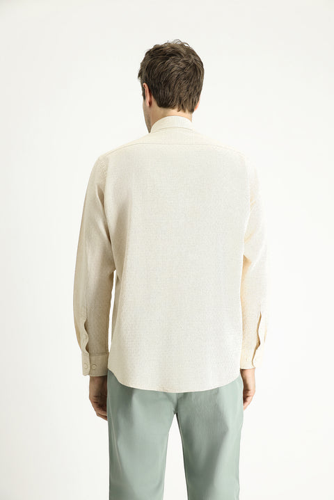 Light Beige Long Sleeve Regular Fit Patterned Linen Blend Sport Cotton Shirt