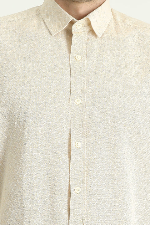 Light Beige Long Sleeve Regular Fit Patterned Linen Blend Sport Cotton Shirt
