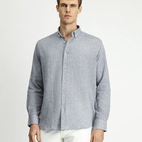 Light Navy Blue Long Sleeve Regular Fit Sport Button-Down Collar Cotton Linen Shantuk Shirt