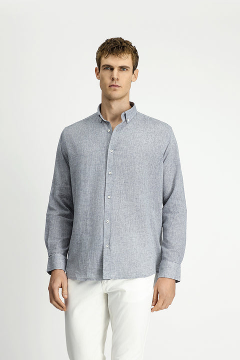 Light Navy Blue Long Sleeve Regular Fit Sport Button-Down Collar Cotton Linen Shantuk Shirt