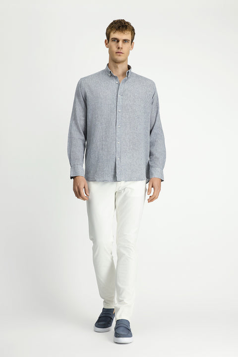Light Navy Blue Long Sleeve Regular Fit Sport Button-Down Collar Cotton Linen Shantuk Shirt