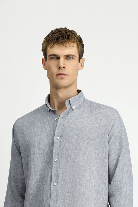 Light Navy Blue Long Sleeve Regular Fit Sport Button-Down Collar Cotton Linen Shantuk Shirt