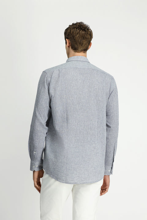 Light Navy Blue Long Sleeve Regular Fit Sport Button-Down Collar Cotton Linen Shantuk Shirt