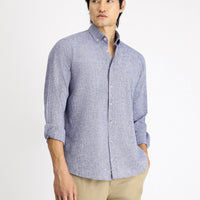 Dark Navy Long Sleeve Regular Fit Sport Button-Down Collar Cotton Linen Shantuk Shirt