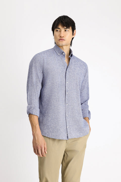 Dark Navy Long Sleeve Regular Fit Sport Button-Down Collar Cotton Linen Shantuk Shirt