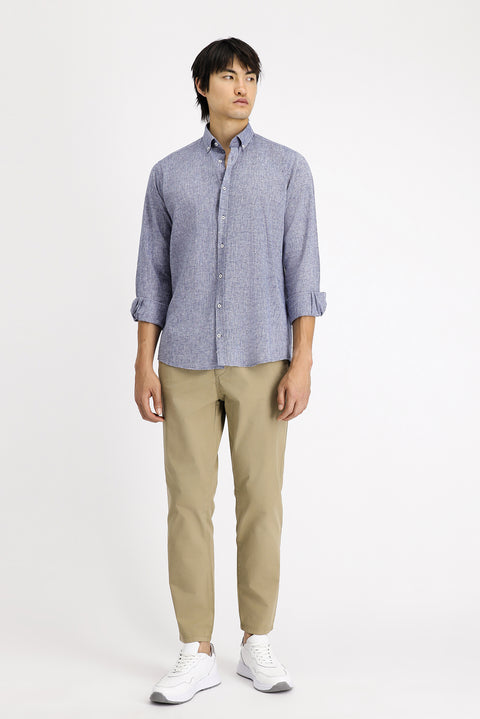Dark Navy Long Sleeve Regular Fit Sport Button-Down Collar Cotton Linen Shantuk Shirt