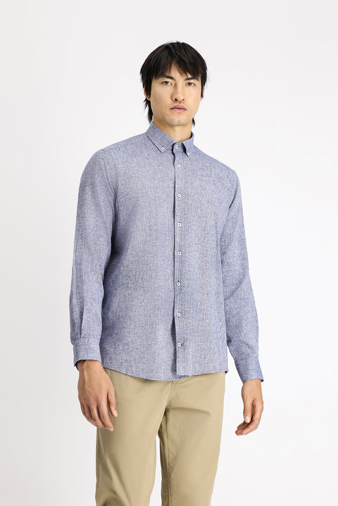 Dark Navy Long Sleeve Regular Fit Sport Button-Down Collar Cotton Linen Shantuk Shirt