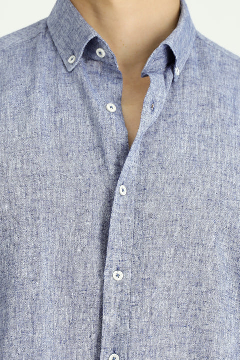 Dark Navy Long Sleeve Regular Fit Sport Button-Down Collar Cotton Linen Shantuk Shirt
