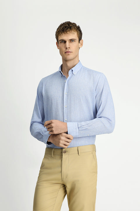 Sky Blue Long Sleeve Regular Fit Sport Button-Down Collar Cotton Linen Shantuk Shirt