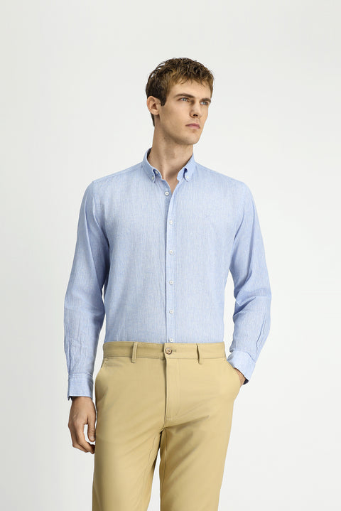 Sky Blue Long Sleeve Regular Fit Sport Button-Down Collar Cotton Linen Shantuk Shirt