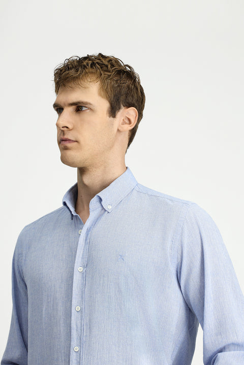 Sky Blue Long Sleeve Regular Fit Sport Button-Down Collar Cotton Linen Shantuk Shirt