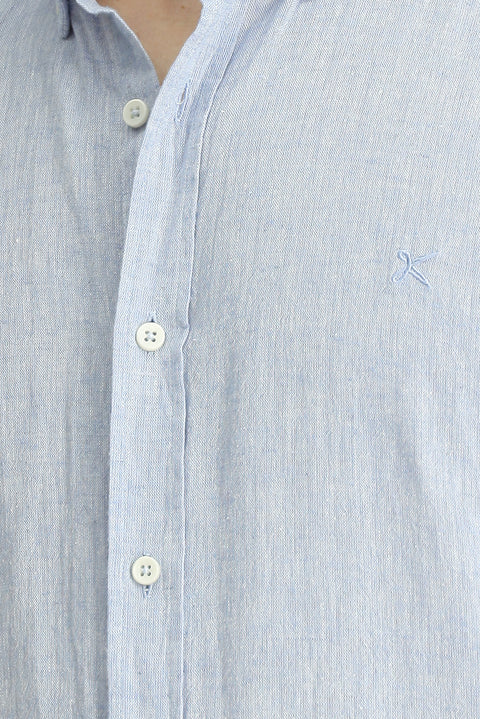 Sky Blue Long Sleeve Regular Fit Sport Button-Down Collar Cotton Linen Shantuk Shirt
