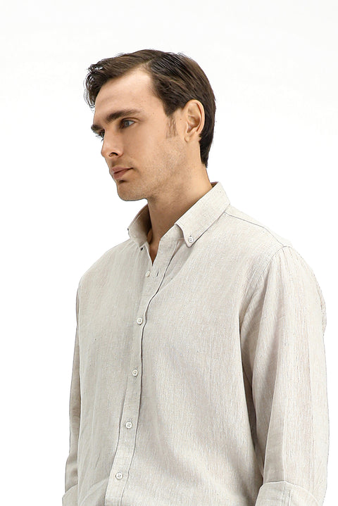 Medium Beige Long Sleeve Regular Fit Sport Button-Down Collar Cotton Linen Shantuk Shirt