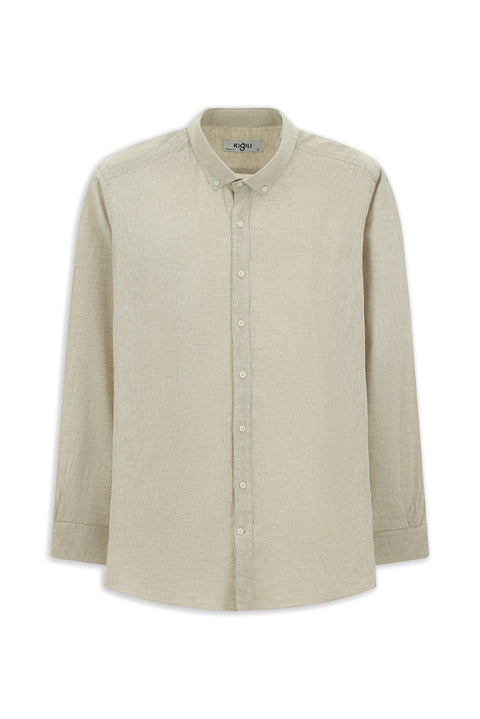 Medium Beige Long Sleeve Regular Fit Sport Button-Down Collar Cotton Linen Shantuk Shirt