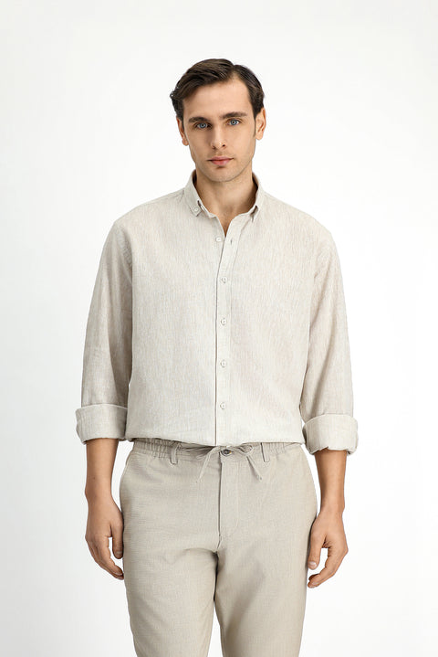 Medium Beige Long Sleeve Regular Fit Sport Button-Down Collar Cotton Linen Shantuk Shirt