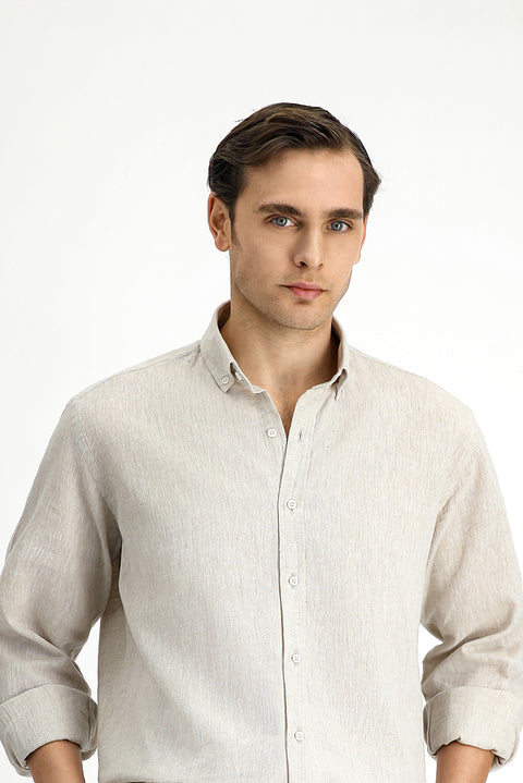 Medium Beige Long Sleeve Regular Fit Sport Button-Down Collar Cotton Linen Shantuk Shirt