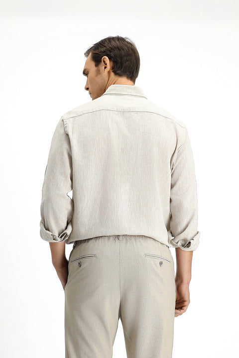 Medium Beige Long Sleeve Regular Fit Sport Button-Down Collar Cotton Linen Shantuk Shirt