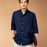 Dark Navy Long Sleeve Regular Fit Sport Linen Blend Button-Down Shirt