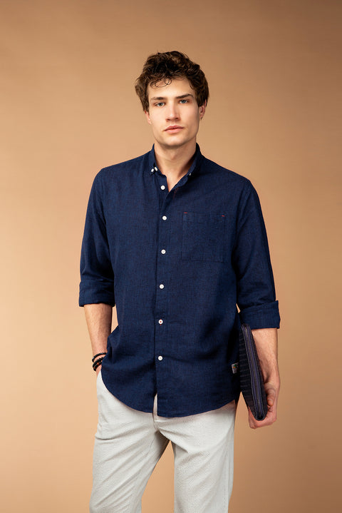 Dark Navy Long Sleeve Regular Fit Sport Linen Blend Button-Down Shirt