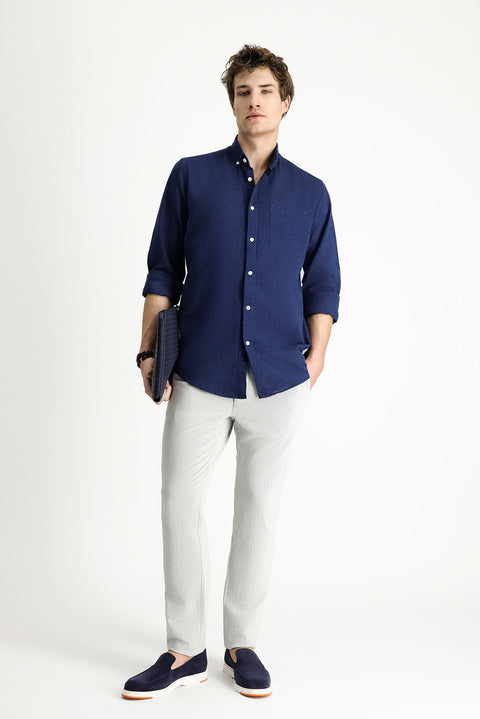 Dark Navy Long Sleeve Regular Fit Sport Linen Blend Button-Down Shirt