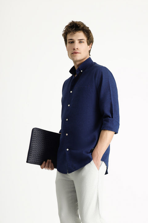 Dark Navy Long Sleeve Regular Fit Sport Linen Blend Button-Down Shirt