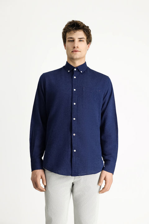 Dark Navy Long Sleeve Regular Fit Sport Linen Blend Button-Down Shirt