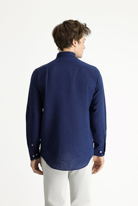 Dark Navy Long Sleeve Regular Fit Sport Linen Blend Button-Down Shirt