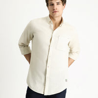 Medium Beige Long Sleeve Regular Fit Sporty Linen Blend Button-Down Shirt