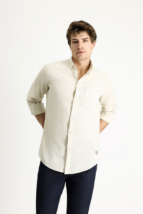 Medium Beige Long Sleeve Regular Fit Sporty Linen Blend Button-Down Shirt