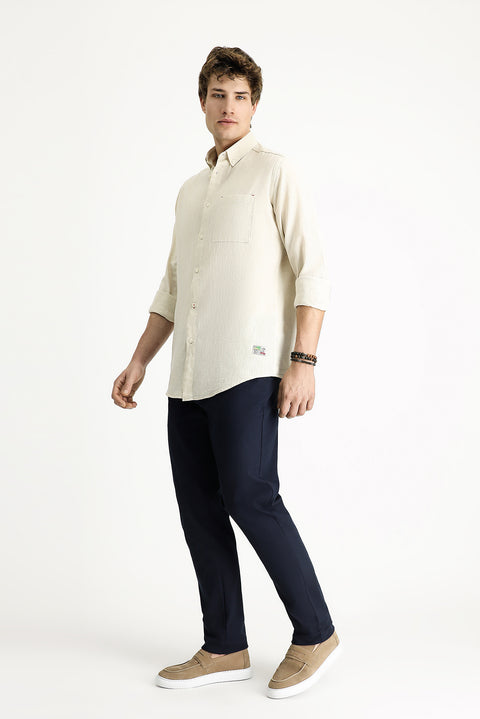Medium Beige Long Sleeve Regular Fit Sporty Linen Blend Button-Down Shirt
