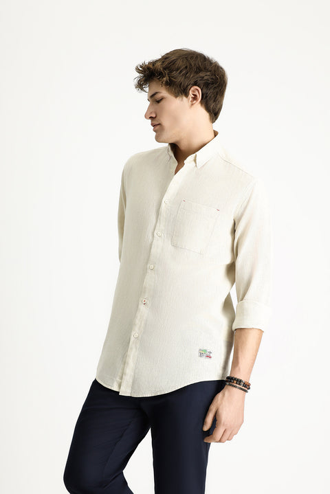 Medium Beige Long Sleeve Regular Fit Sporty Linen Blend Button-Down Shirt