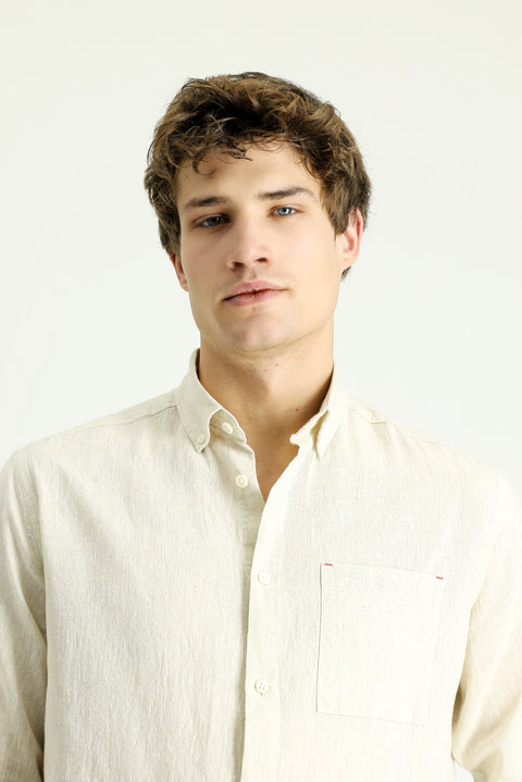 Medium Beige Long Sleeve Regular Fit Sporty Linen Blend Button-Down Shirt