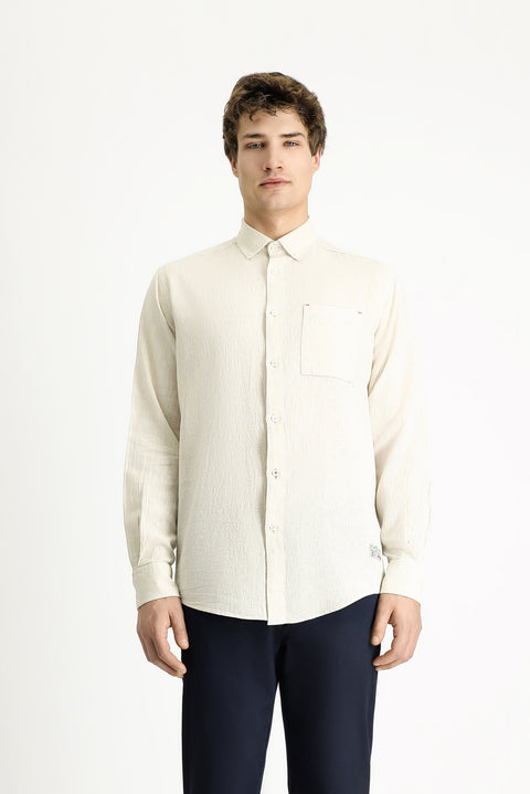 Medium Beige Long Sleeve Regular Fit Sporty Linen Blend Button-Down Shirt