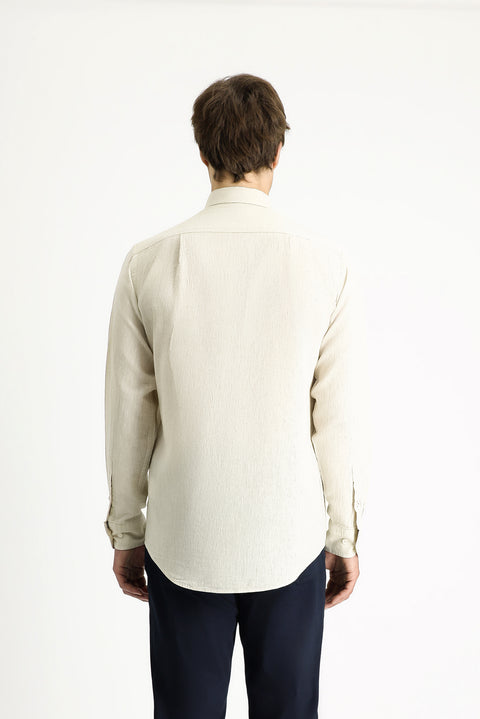 Medium Beige Long Sleeve Regular Fit Sporty Linen Blend Button-Down Shirt