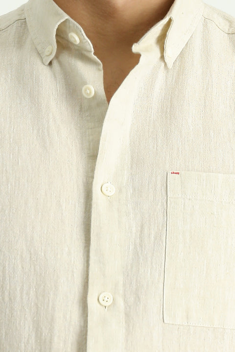 Medium Beige Long Sleeve Regular Fit Sporty Linen Blend Button-Down Shirt