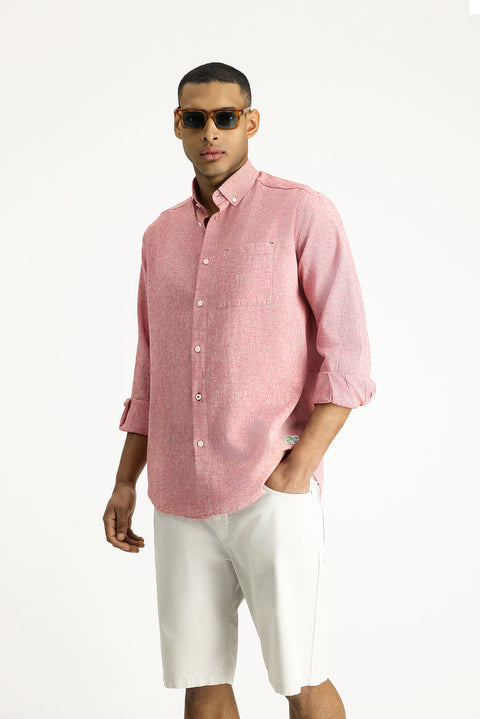 Light Red Long Sleeve Regular Fit Sport Linen Blend Button-Down Shirt
