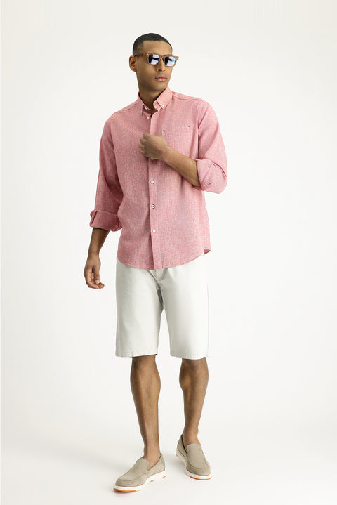 Light Red Long Sleeve Regular Fit Sport Linen Blend Button-Down Shirt