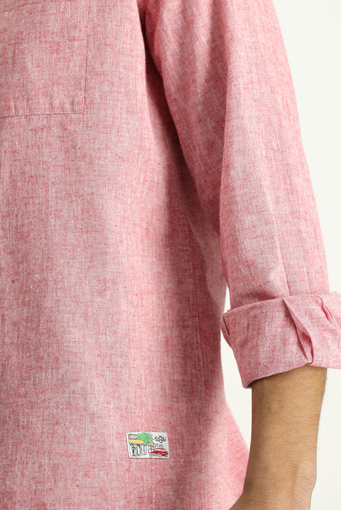 Light Red Long Sleeve Regular Fit Sport Linen Blend Button-Down Shirt