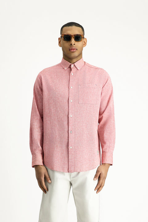 Light Red Long Sleeve Regular Fit Sport Linen Blend Button-Down Shirt