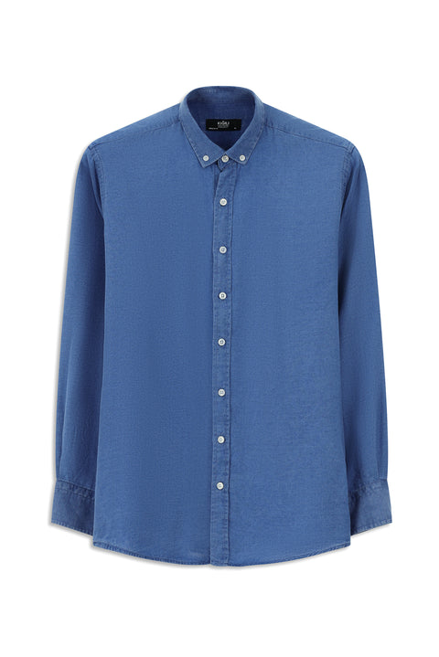 Medium Navy Long Sleeve Regular Fit Sport Button-Down Collar Denim Look Lyocell Shirt