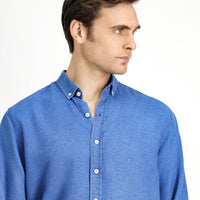 Medium Navy Long Sleeve Regular Fit Sport Button-Down Collar Denim Look Lyocell Shirt