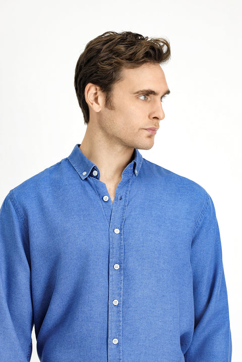 Medium Navy Long Sleeve Regular Fit Sport Button-Down Collar Denim Look Lyocell Shirt
