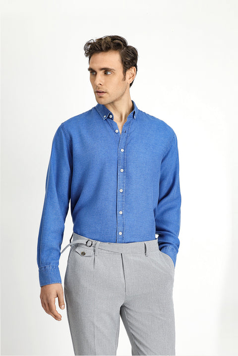 Medium Navy Long Sleeve Regular Fit Sport Button-Down Collar Denim Look Lyocell Shirt