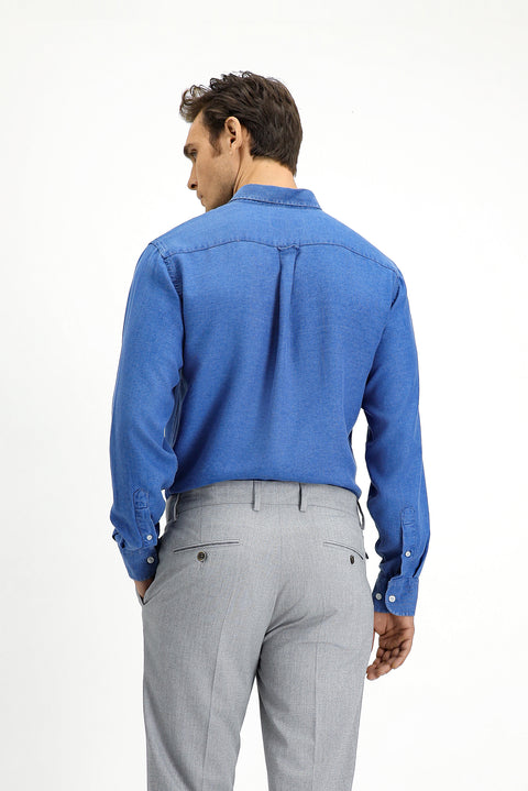 Medium Navy Long Sleeve Regular Fit Sport Button-Down Collar Denim Look Lyocell Shirt
