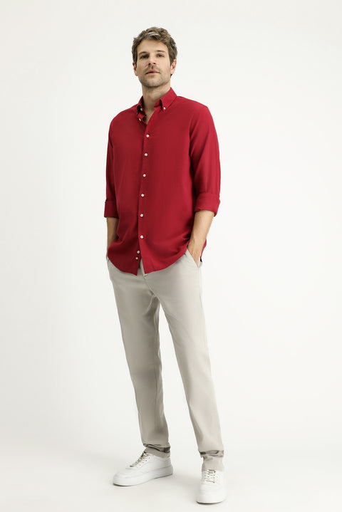 Dark Red Long Sleeve Regular Fit Sport Cotton Shirt