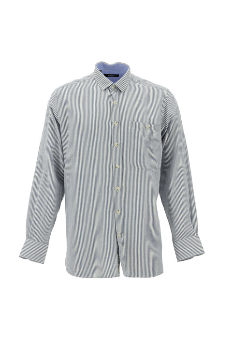 Navy and White Long Sleeve Regular Fit Striped Cotton Shirt