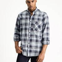 Indigo Long Sleeve Regular Fit Plaid Cotton Button-Down Shirt
