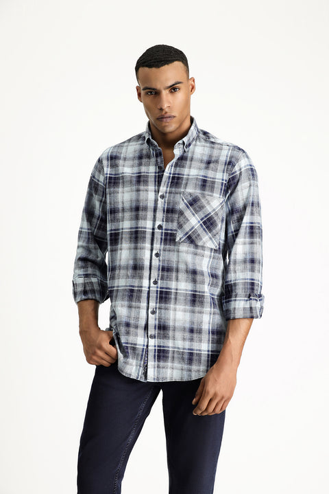 Indigo Long Sleeve Regular Fit Plaid Cotton Button-Down Shirt
