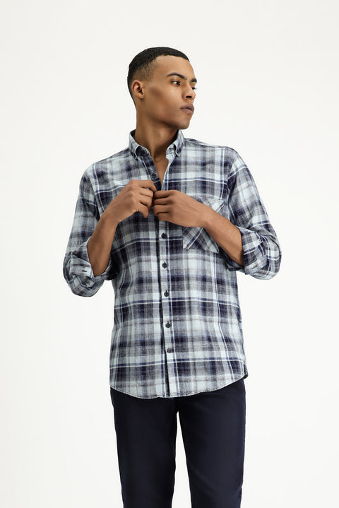 Indigo Long Sleeve Regular Fit Plaid Cotton Button-Down Shirt