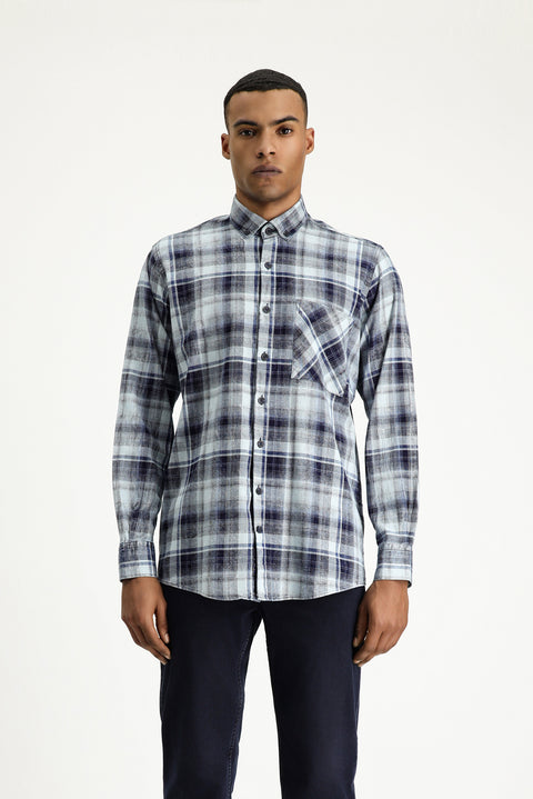 Indigo Long Sleeve Regular Fit Plaid Cotton Button-Down Shirt